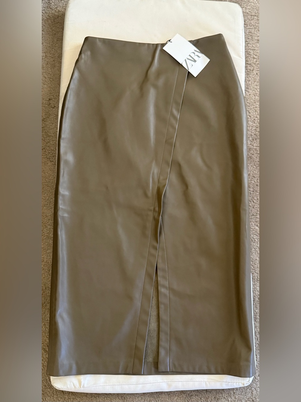 Zara Olive Green Midi Faux-Leather Pencil Skirt